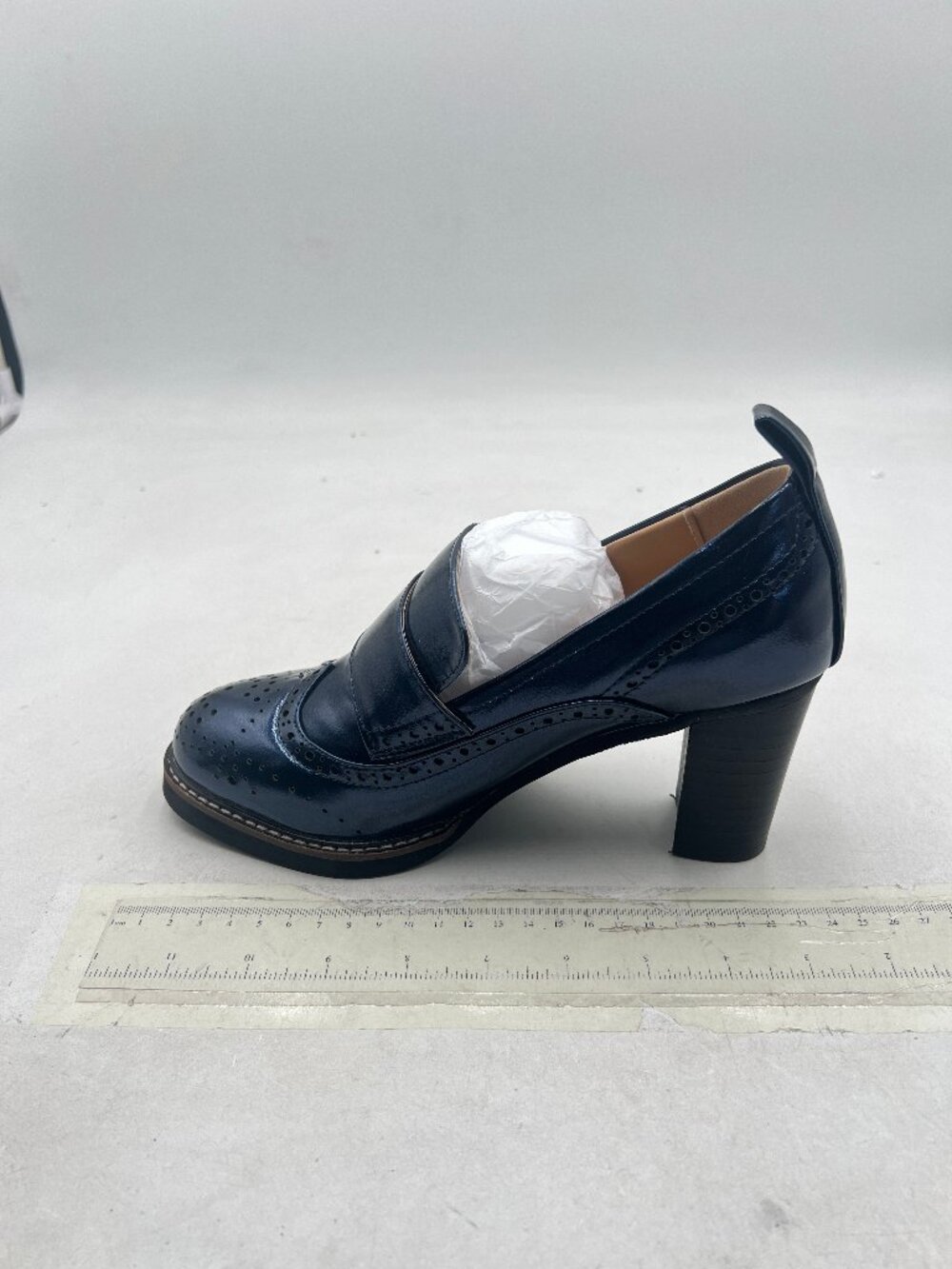 YDN Navy Chunky High Heels Round Toe Oxford Loafer Shoes Slip On Loafers